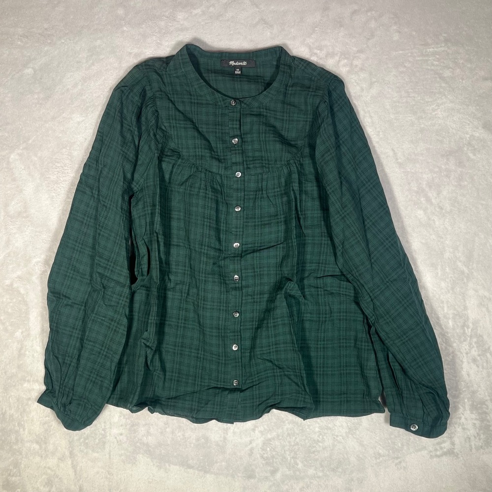 Madewell Womens XS Green Blouse Plaid Band Collar Button‎ Front Long Sleeve